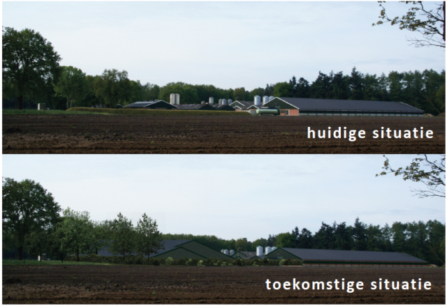 Fotomanipulatie om de buurt te laten zien hoe de nieuwe stal past in het landschap